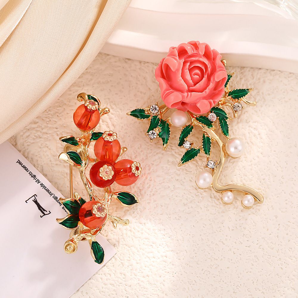 Elegant Rose Flower Brooch for Women - Pink Resin Rose with Pearl and Crystal view 4
