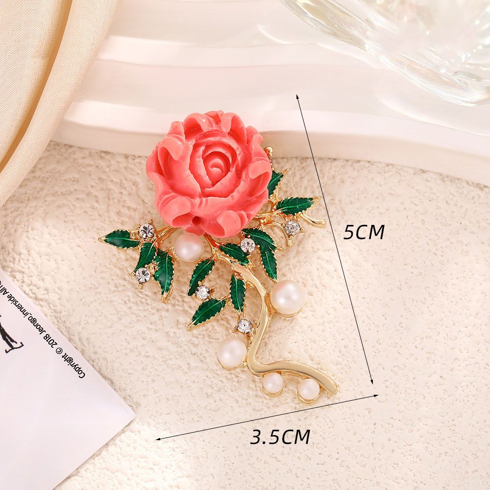 Elegant Rose Flower Brooch for Women - Pink Resin Rose with Pearl and Crystal view 6