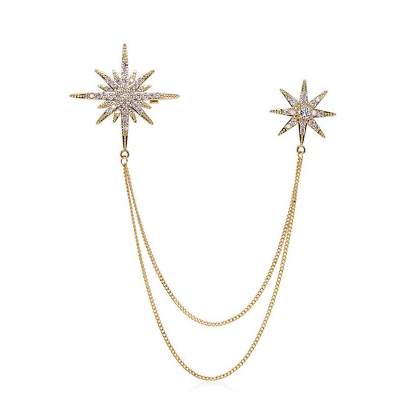 Asymmetric Star Chain Brooch - Rhinestone Double Star Pin with Layered Chains