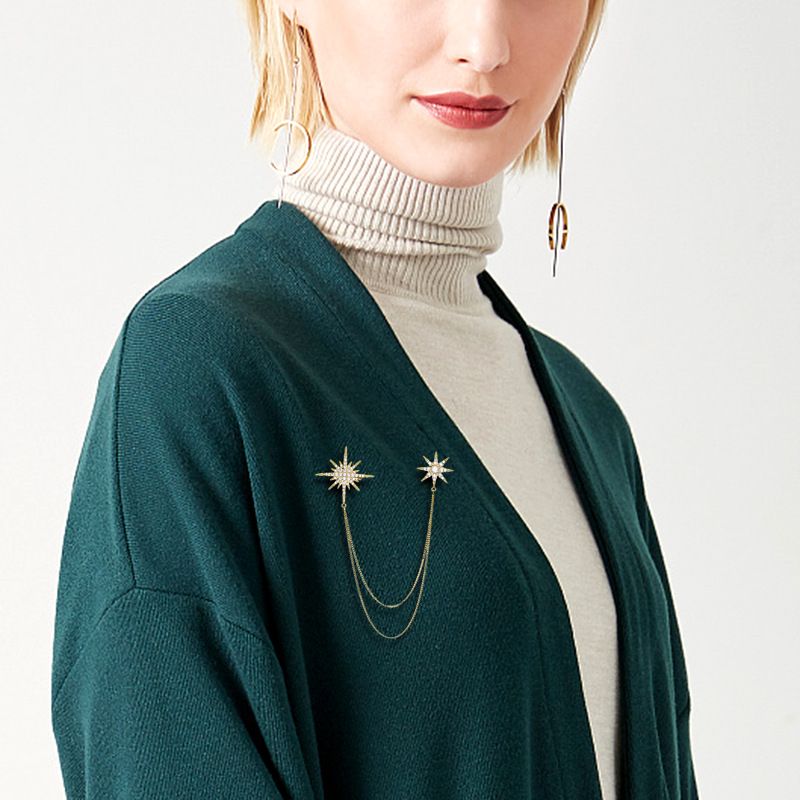 Asymmetric Star Chain Brooch - Rhinestone Double Star Pin with Layered Chains view 2