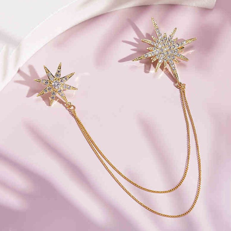 Asymmetric Star Chain Brooch - Rhinestone Double Star Pin with Layered Chains view 3