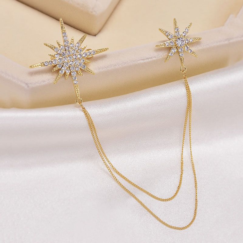 Asymmetric Star Chain Brooch - Rhinestone Double Star Pin with Layered Chains view 4