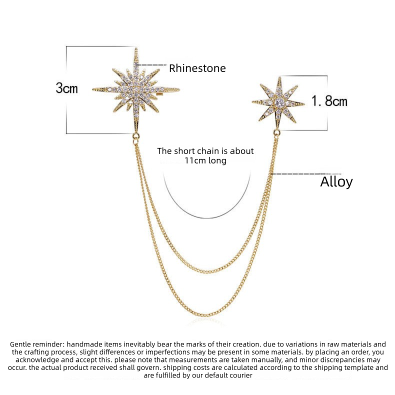 Asymmetric Star Chain Brooch - Rhinestone Double Star Pin with Layered Chains view 5