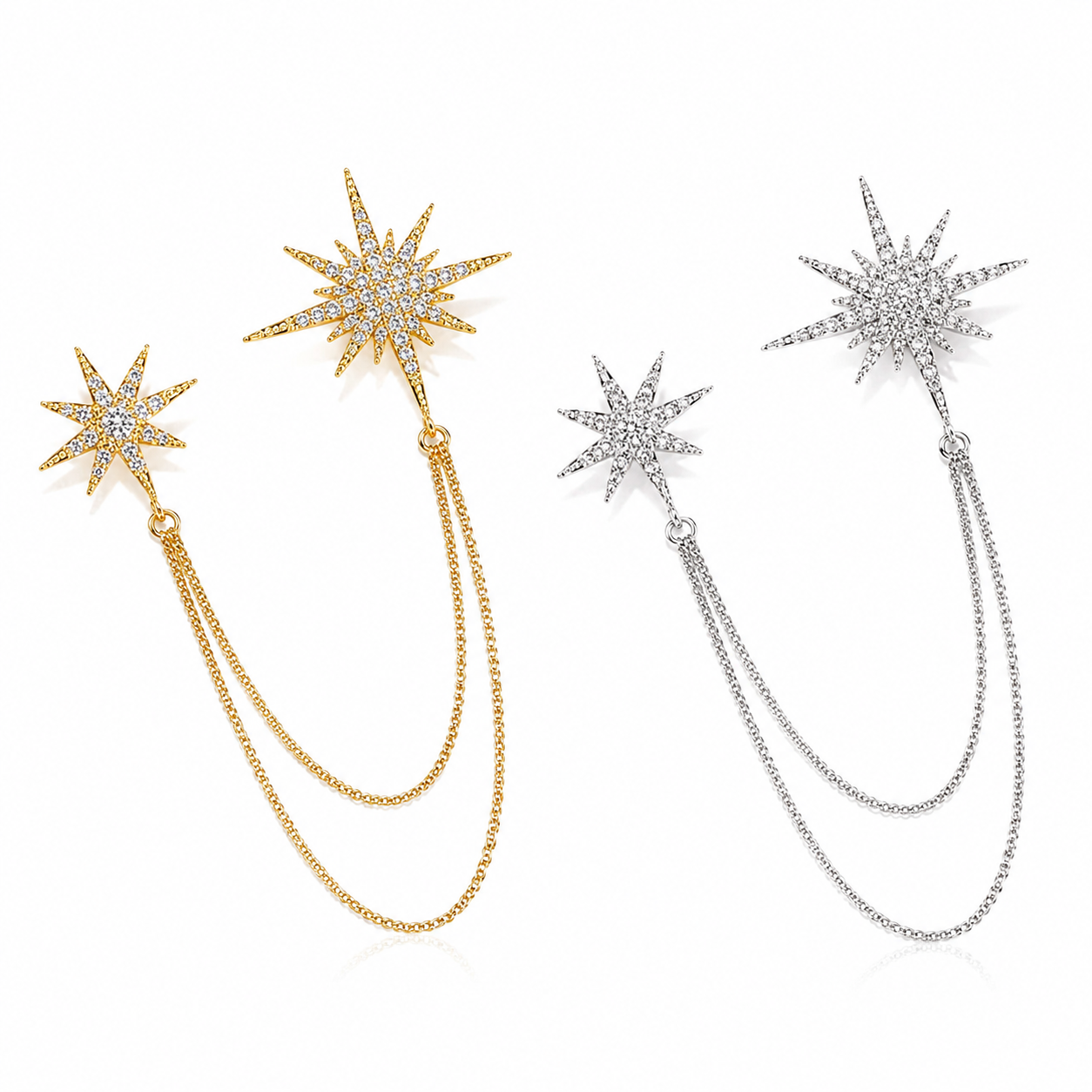 2 Pack Asymmetric Star Chain Brooch Set - Rhinestone Double Star Pins with