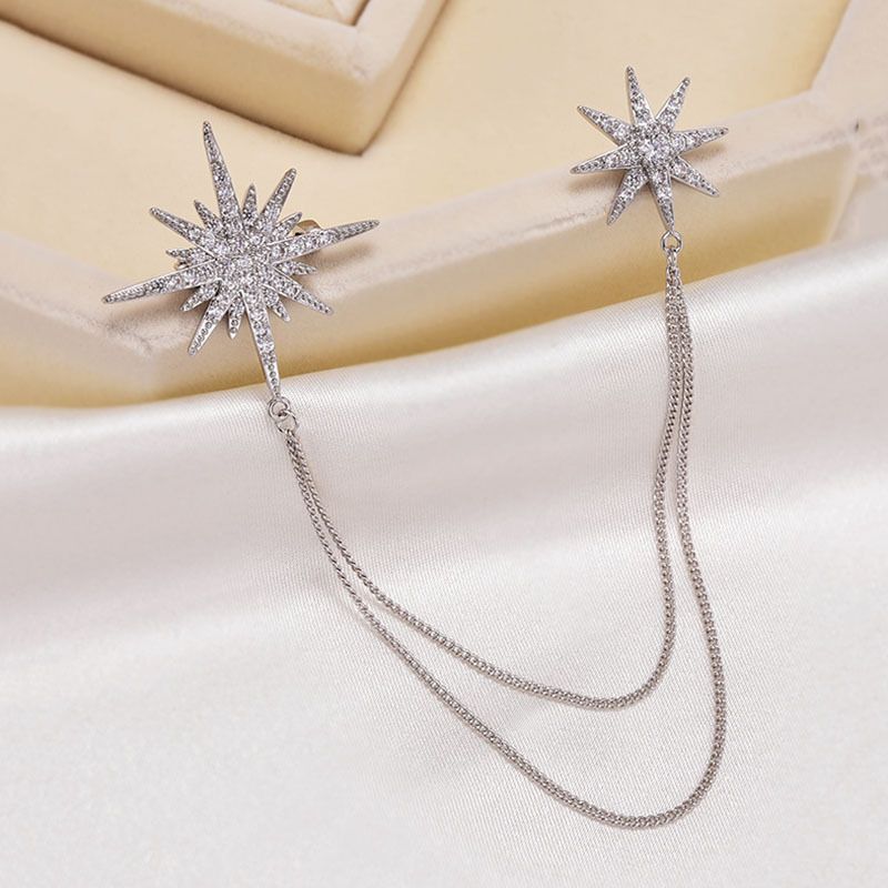 2 Pack Asymmetric Star Chain Brooch Set - Rhinestone Double Star Pins with view 5