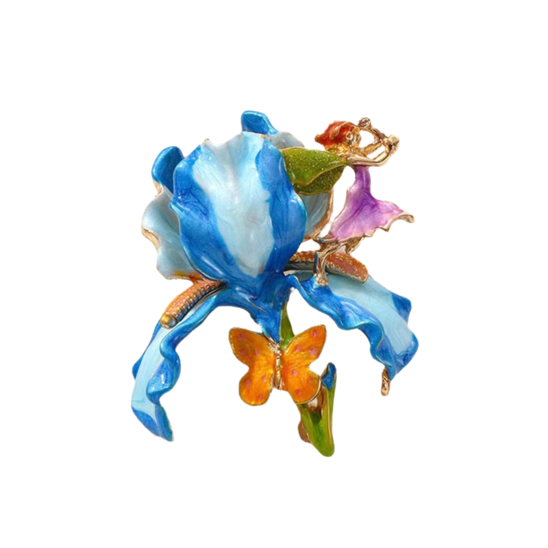 Vintage Large Flower Enamel Brooch with Fairy and Butterfly Blue - Luxury