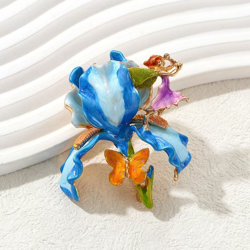 Vintage Large Flower Enamel Brooch with Fairy and Butterfly Blue - Luxury view 3
