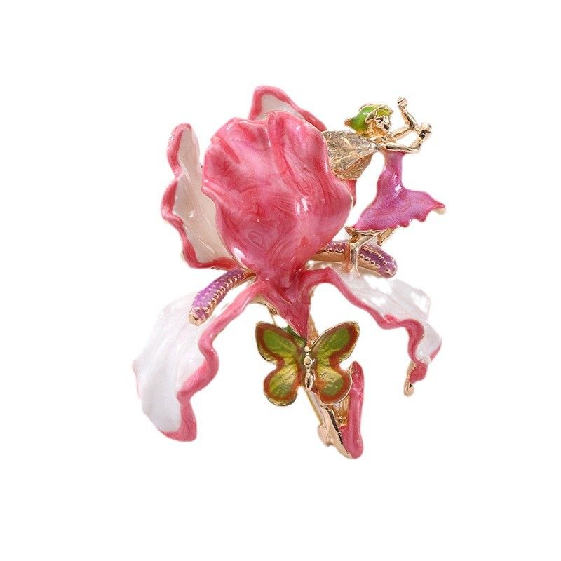 Vintage Large Flower Enamel Brooch with Fairy and Butterfly Pink - Luxury