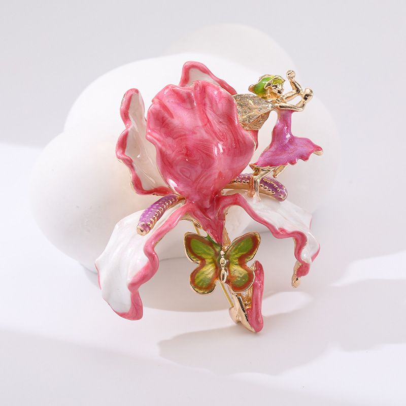 Vintage Large Flower Enamel Brooch with Fairy and Butterfly Pink - Luxury view 2