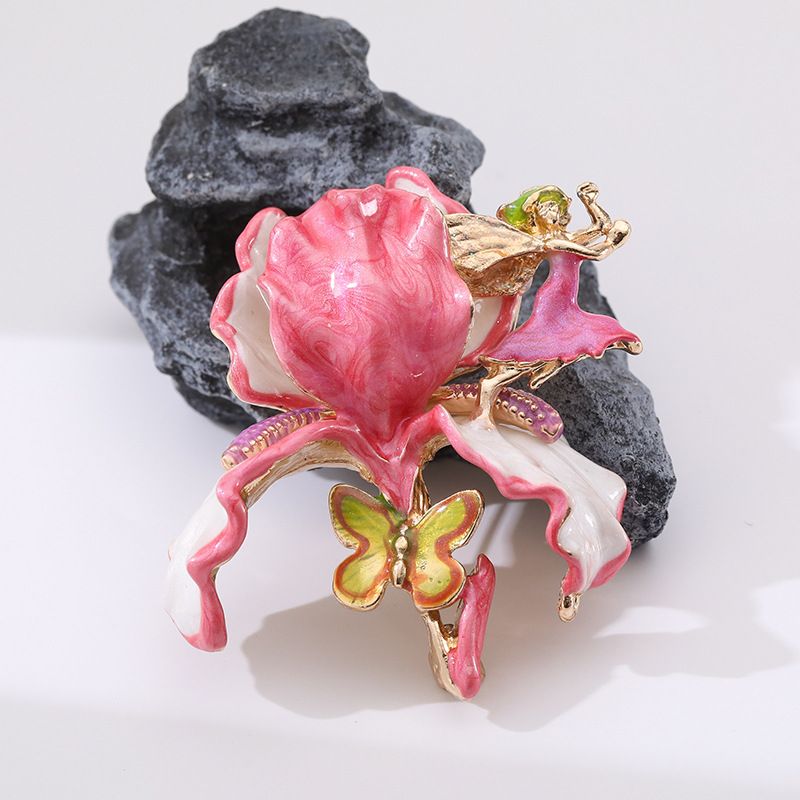 Vintage Large Flower Enamel Brooch with Fairy and Butterfly Pink - Luxury view 3