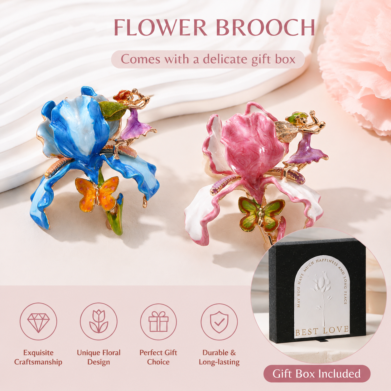 Vintage Large Flower Enamel Brooch with Fairy and Butterfly Pink - Luxury view 5