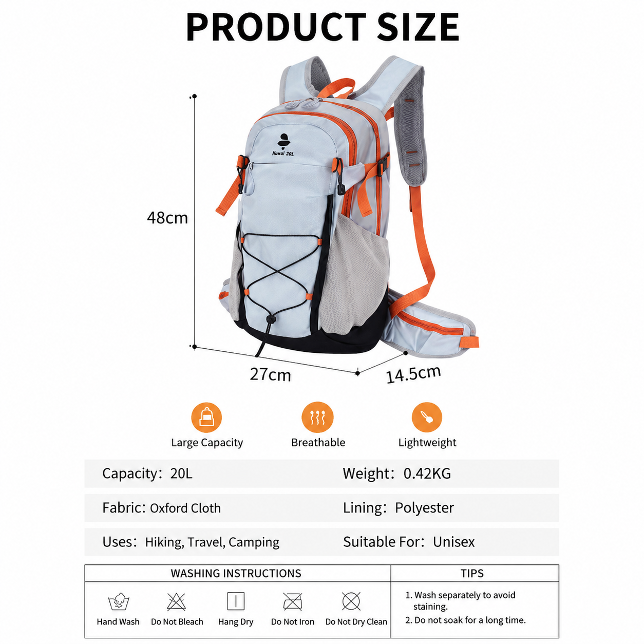 Lightweight Hiking Backpack 20L Light Blue-gray - Ultralight Oxford Cloth view 5