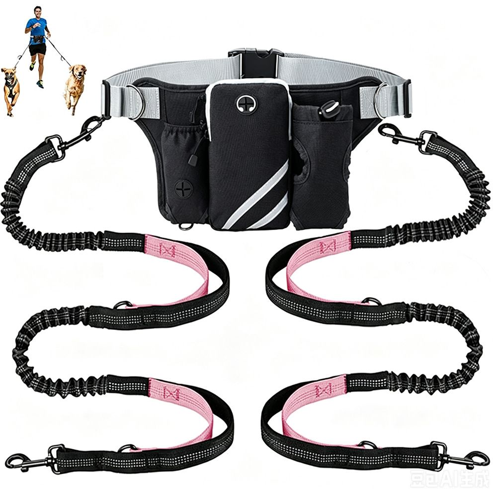 Hands Free Dog Leash Running Belt with Adjustable Bungee Lead(Pink) view 2