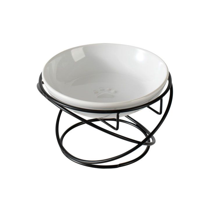 Raised Ceramic Pet Bowl with Metal Stand White - Paw Print Cat and Dog Feeding