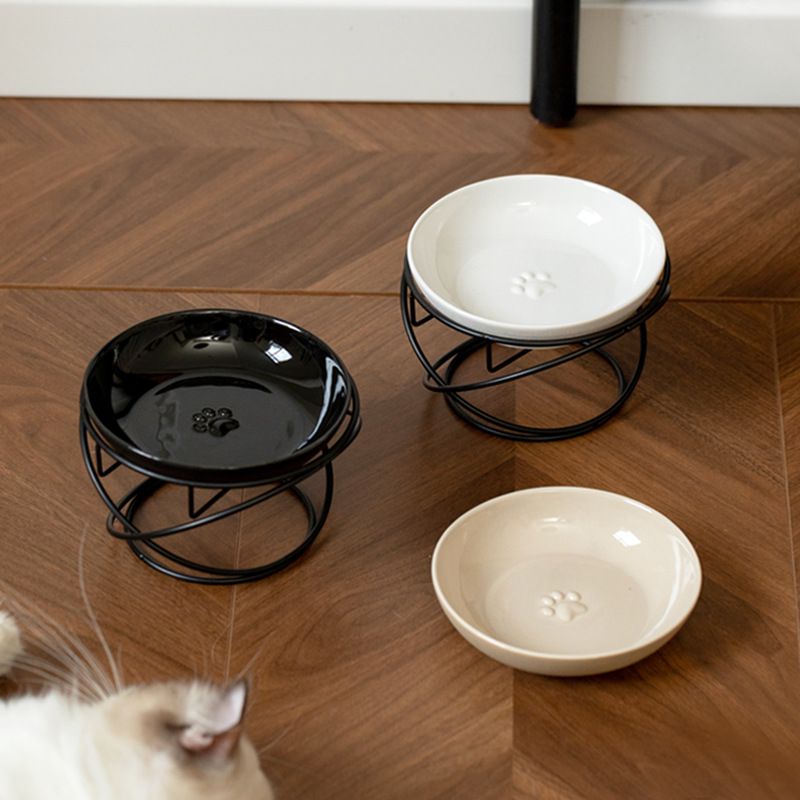 Raised Ceramic Pet Bowl with Metal Stand White - Paw Print Cat and Dog Feeding view 2