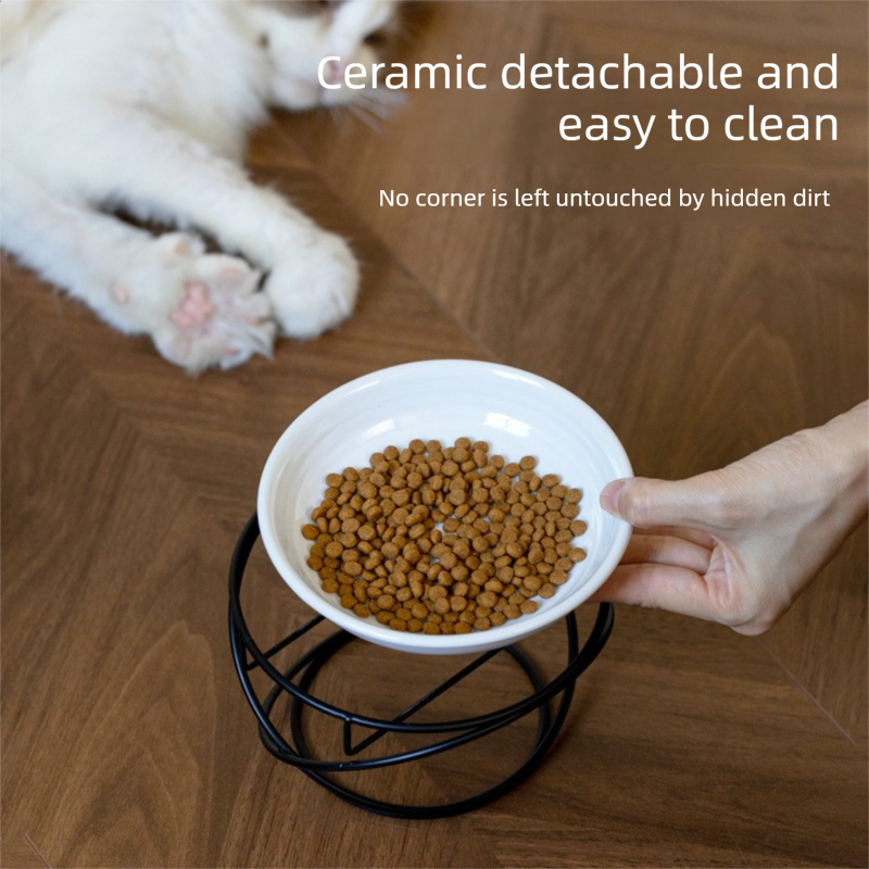 Raised Ceramic Pet Bowl with Metal Stand White - Paw Print Cat and Dog Feeding view 3