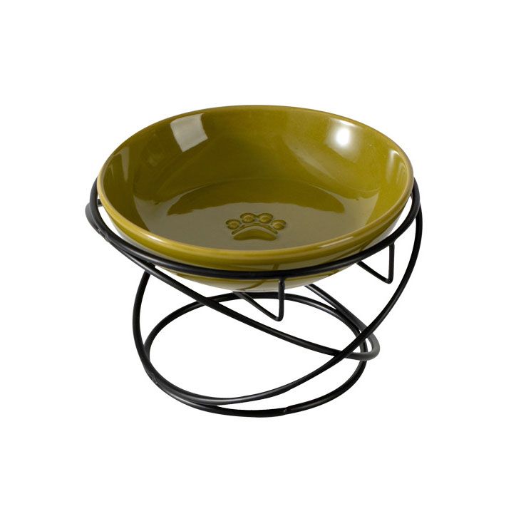 Raised Ceramic Pet Bowl with Metal Stand Green - Paw Print Cat and Dog Feeding