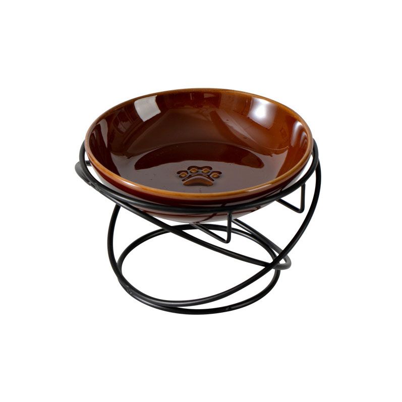Raised Ceramic Pet Bowl with Metal Stand Brown - Paw Print Cat and Dog Feeding