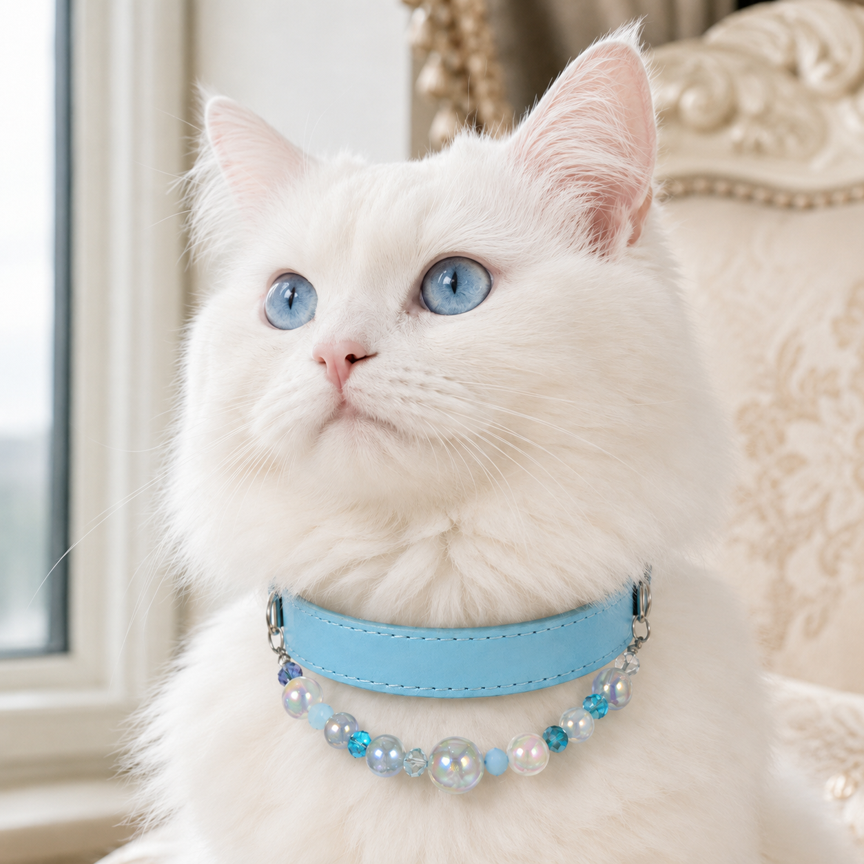 Detachable Beaded Dog Collar - Sky Blue Microfiber PU Leather view 3