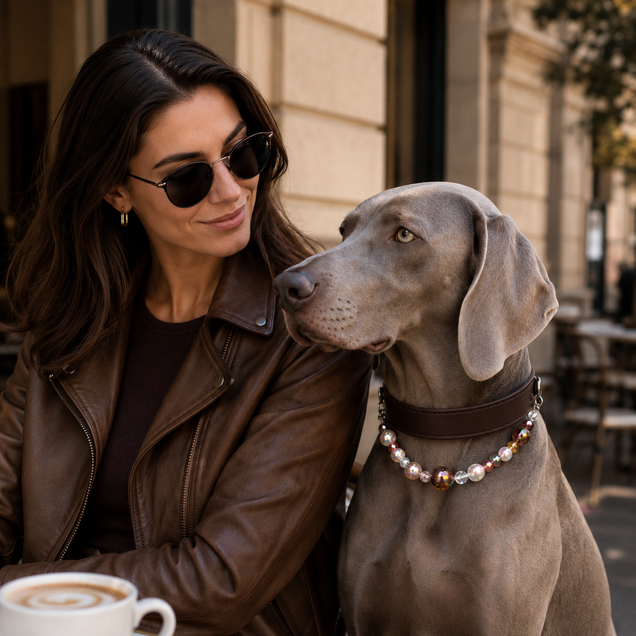 Detachable Beaded Dog Collar - Brown Microfiber PU Leather view 2