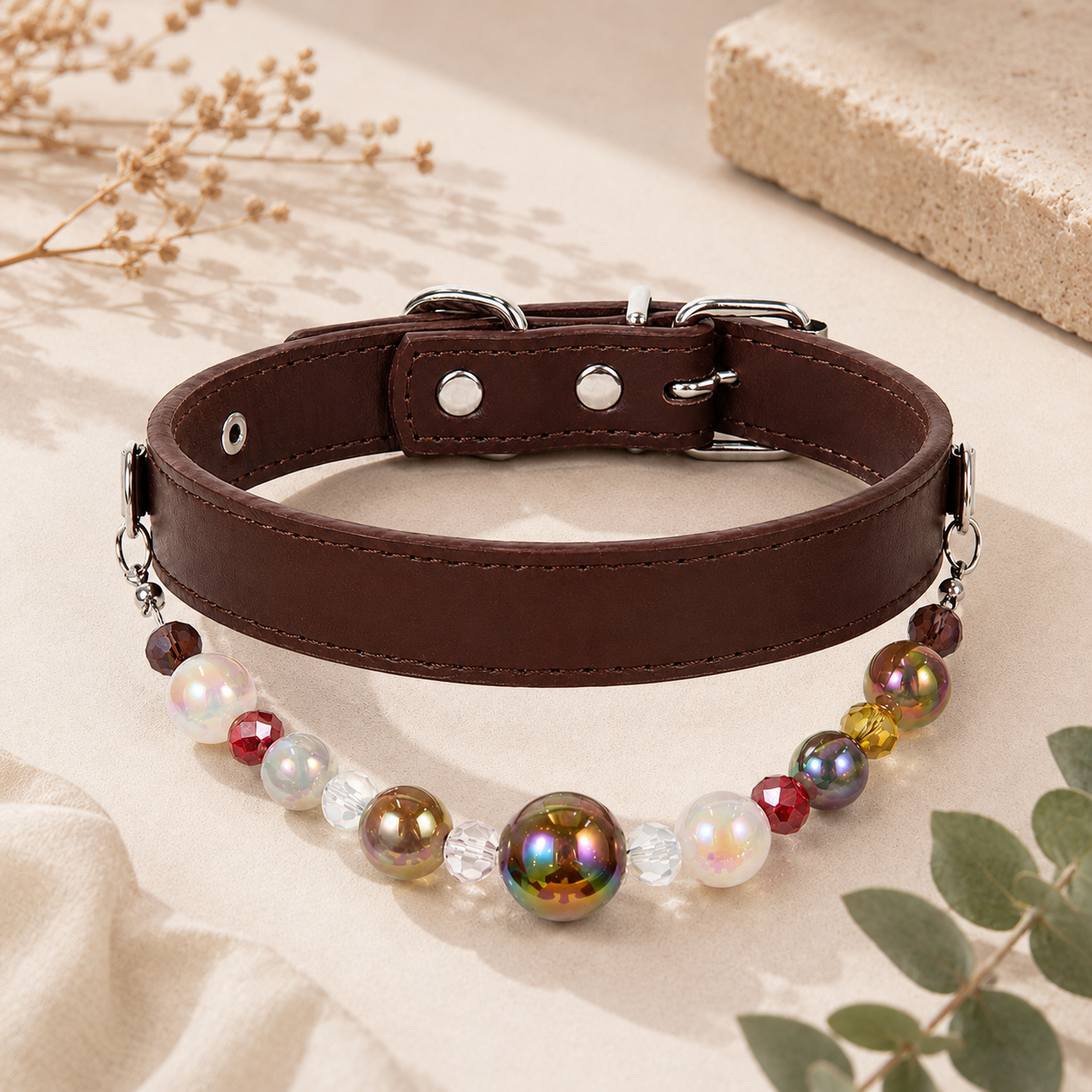 Detachable Beaded Dog Collar - Brown Microfiber PU Leather view 3