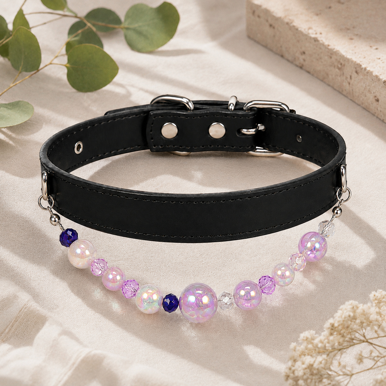 Detachable Beaded Dog Collar - Black Microfiber PU Leather view 2