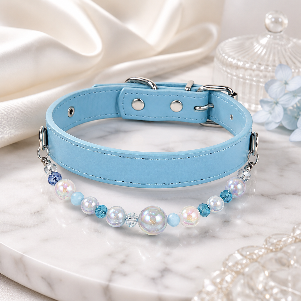 Detachable Beaded Dog Collar - Sky Blue Microfiber PU Leather view 2