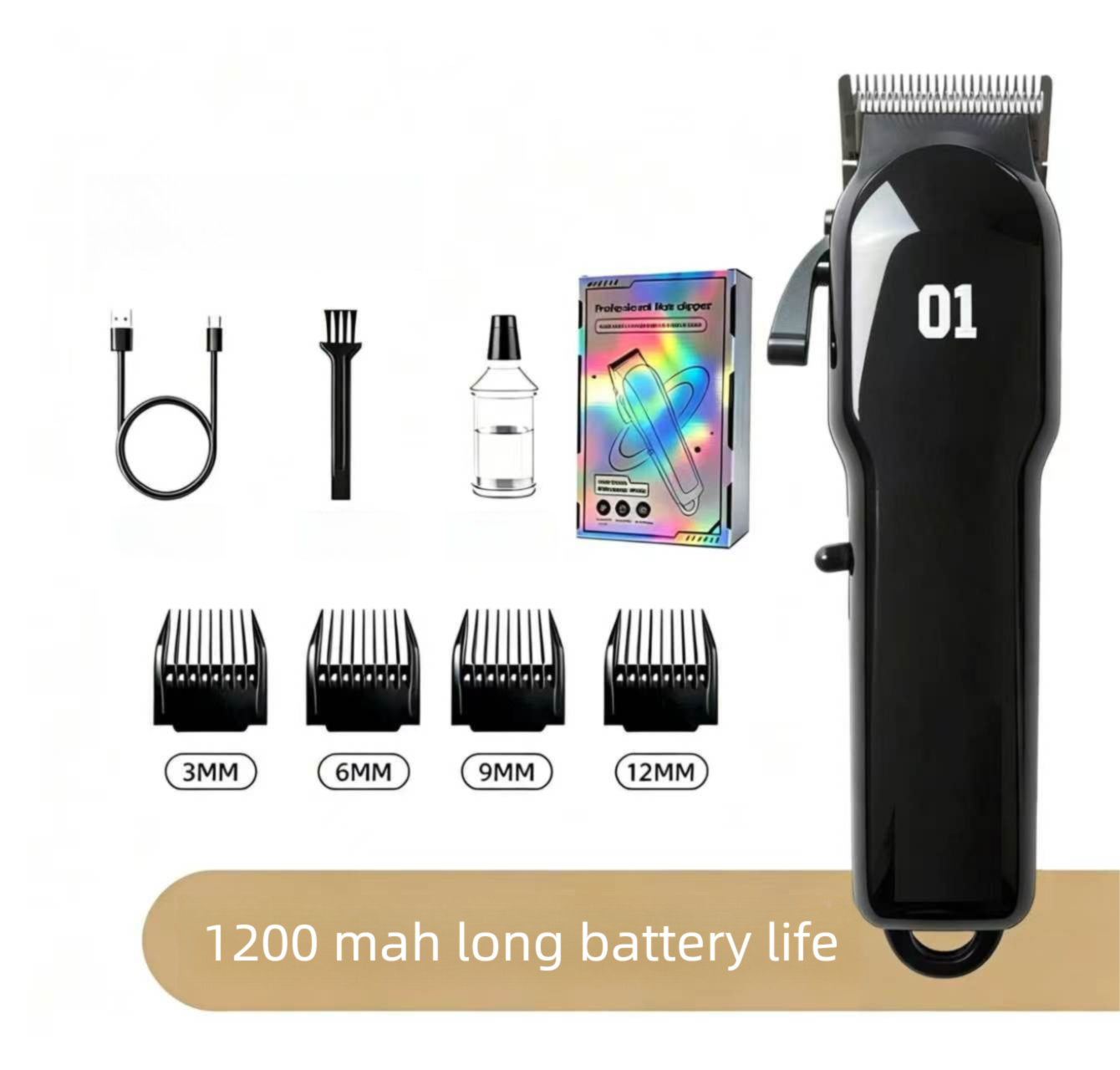 Black Rechargeable Pet Hair Clippers - 1200mAh Dog and Cat Grooming Trimmer