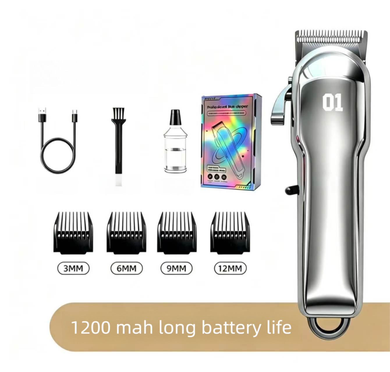 Silver Rechargeable Pet Hair Clippers - 1200mAh Dog and Cat Grooming Trimmer