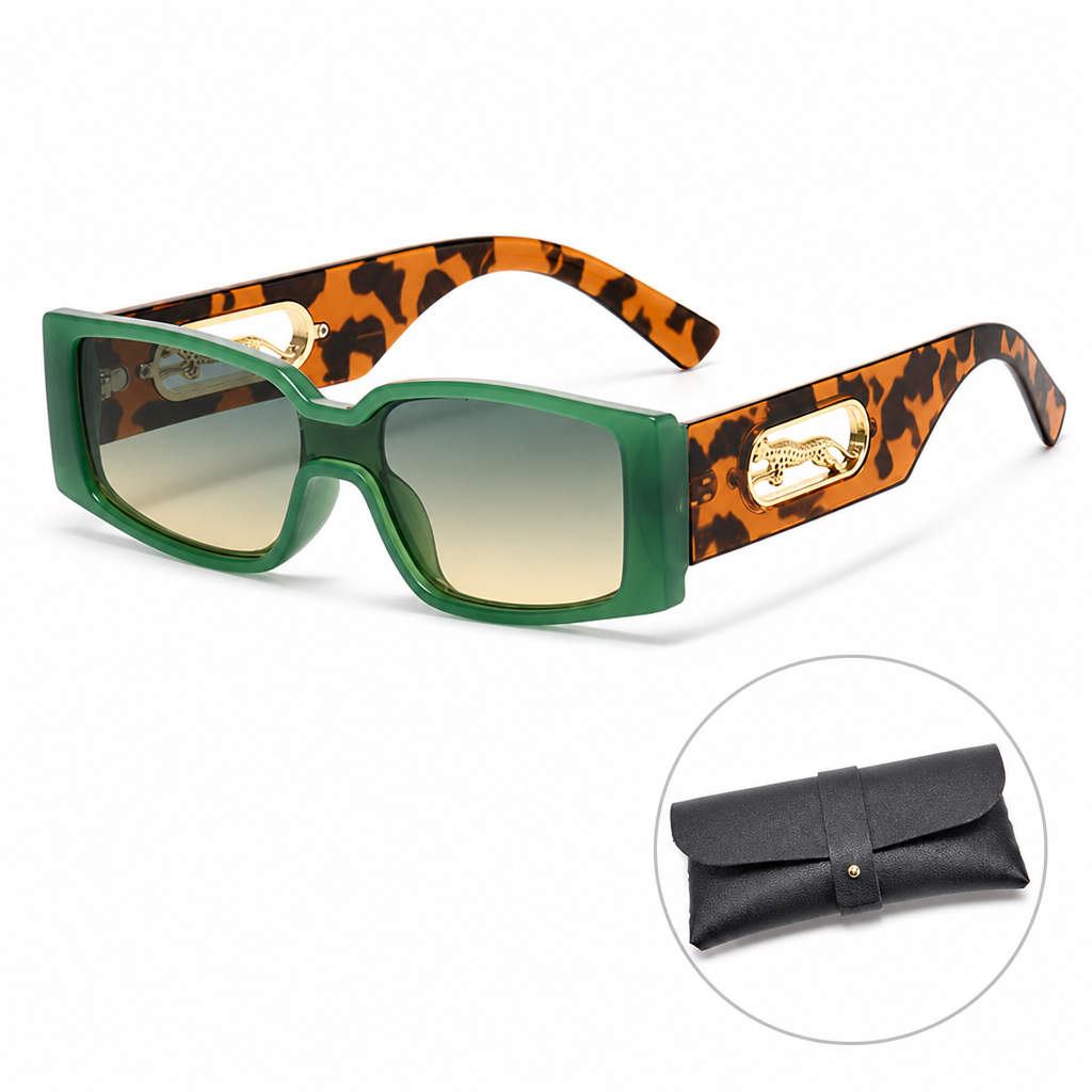 Rectangle Sunglasses with Leopard Detail - Green frame PC Frame