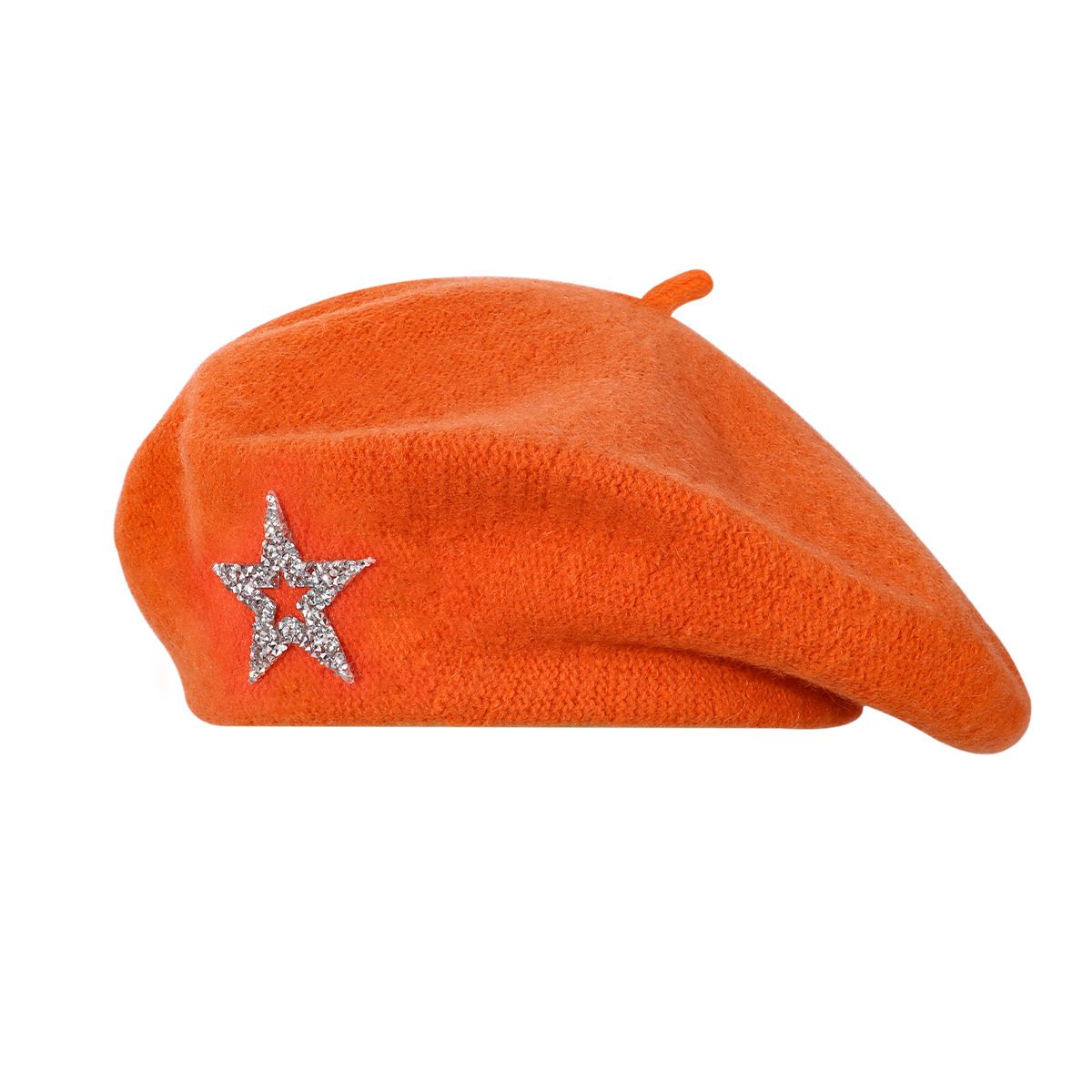 Women's Wool Blend Beret Hat - Orange French Style Painter Cap with Sparkling