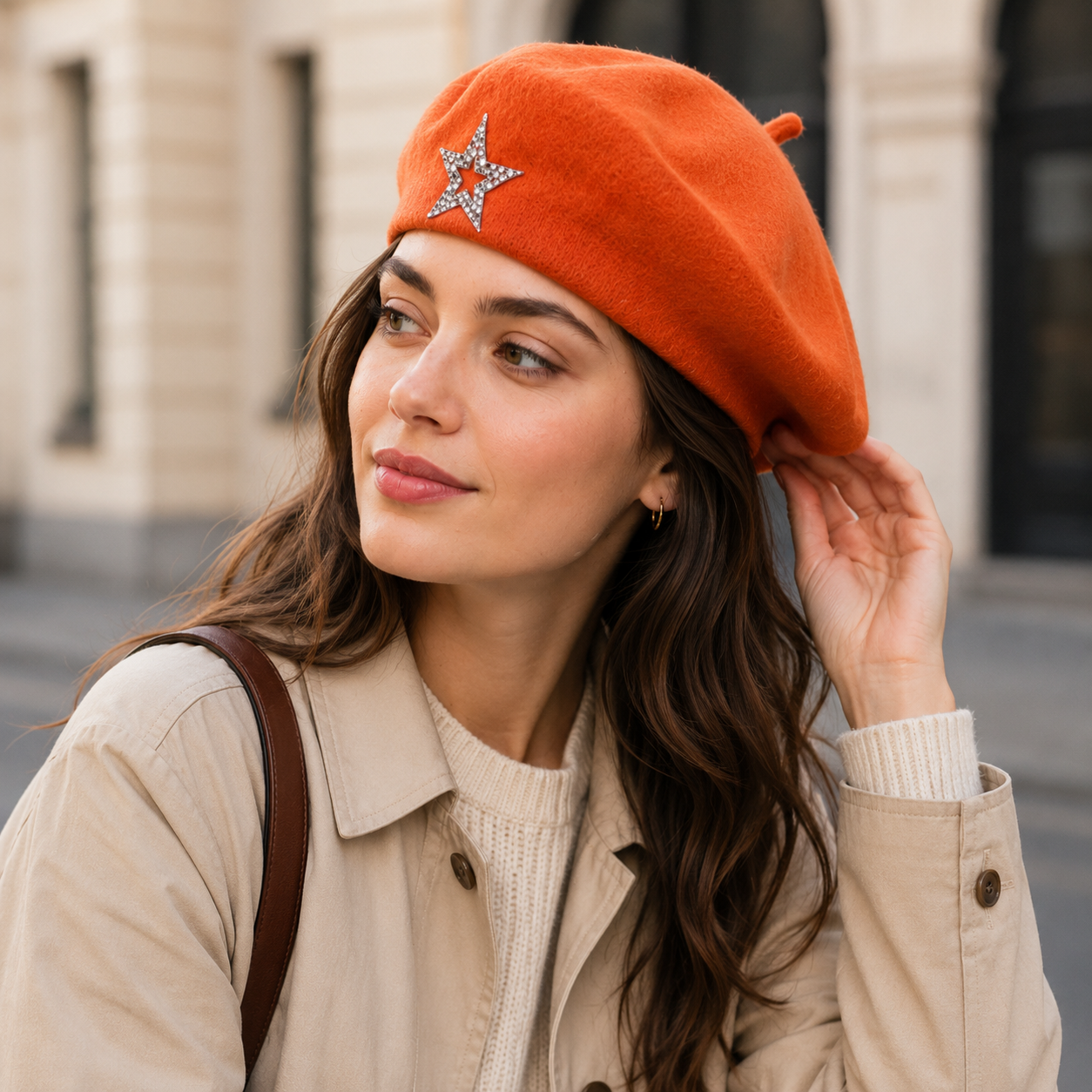 Women's Wool Blend Beret Hat - Orange French Style Painter Cap with Sparkling view 2