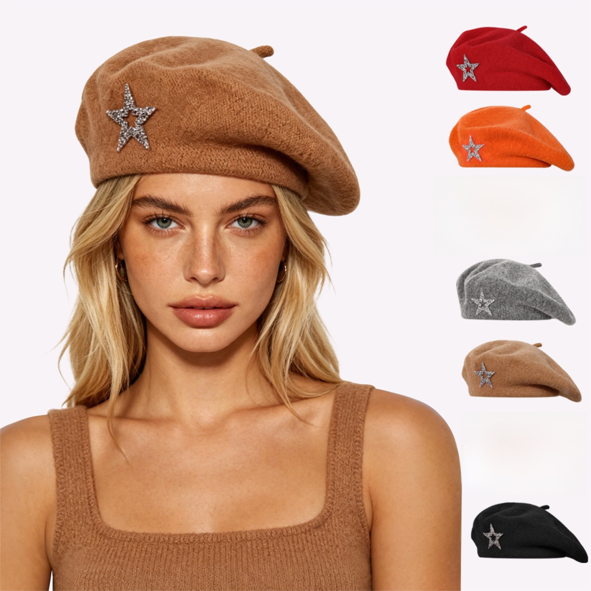 Women's Wool Blend Beret Hat - Orange French Style Painter Cap with Sparkling view 4