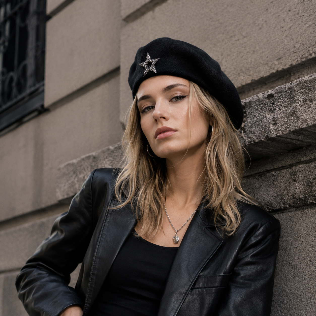 Women's Wool Blend Beret Hat -Black French Style Painter Cap with Sparkling view 2