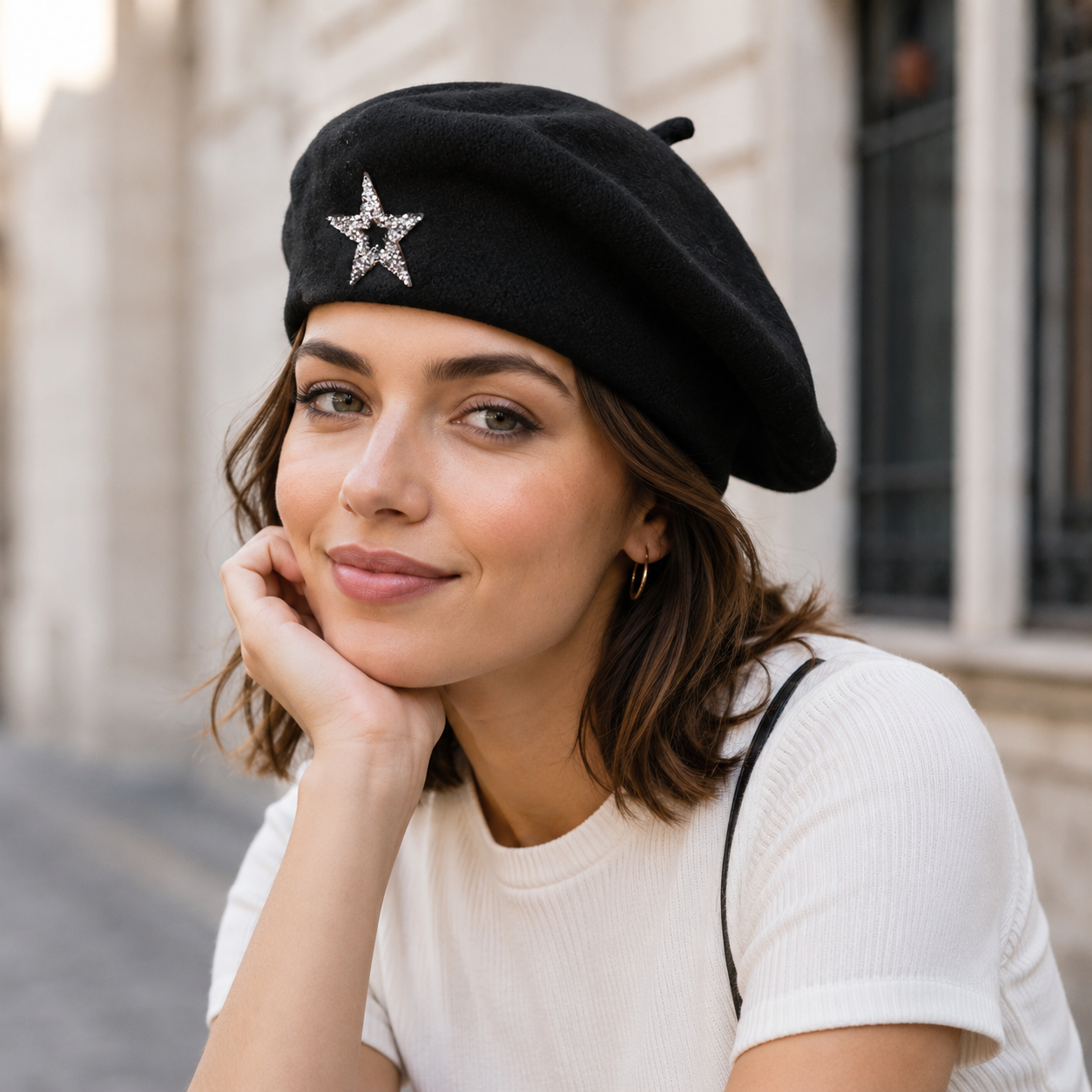 Women's Wool Blend Beret Hat -Black French Style Painter Cap with Sparkling view 3