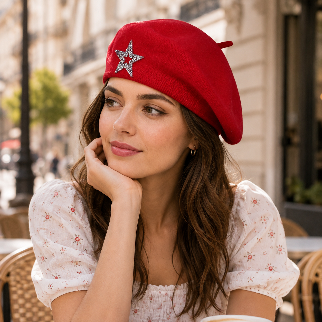 Women's Wool Blend Beret Hat -Red French Style Painter Cap with Sparkling view 2