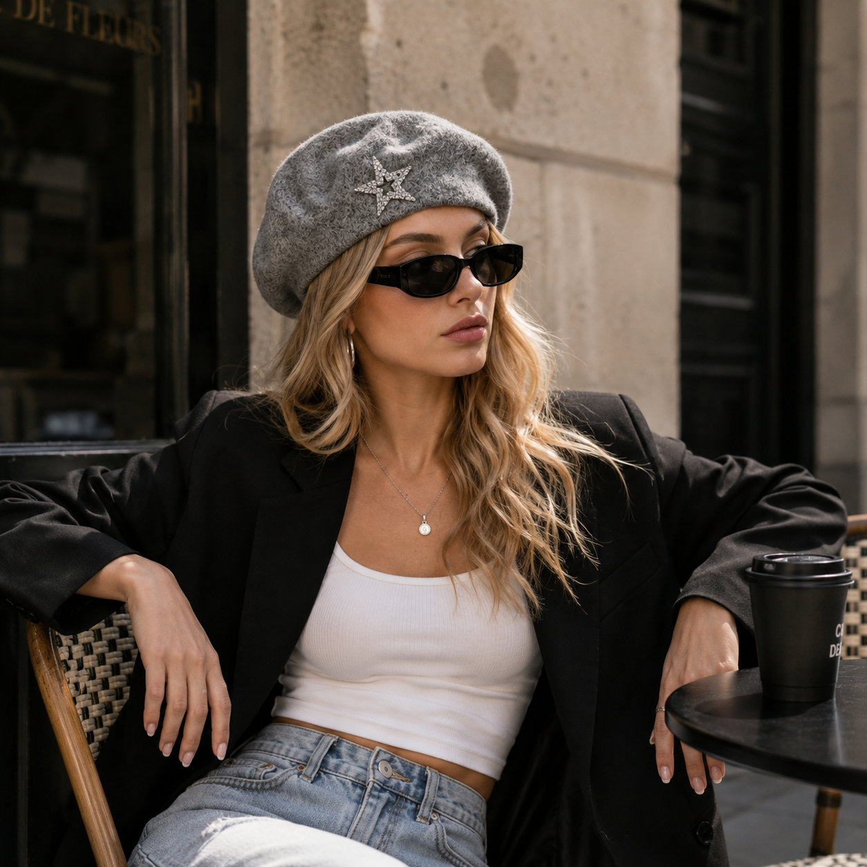 Women's Wool Blend Beret Hat - Gray French Style Painter Cap with Sparkling view 2