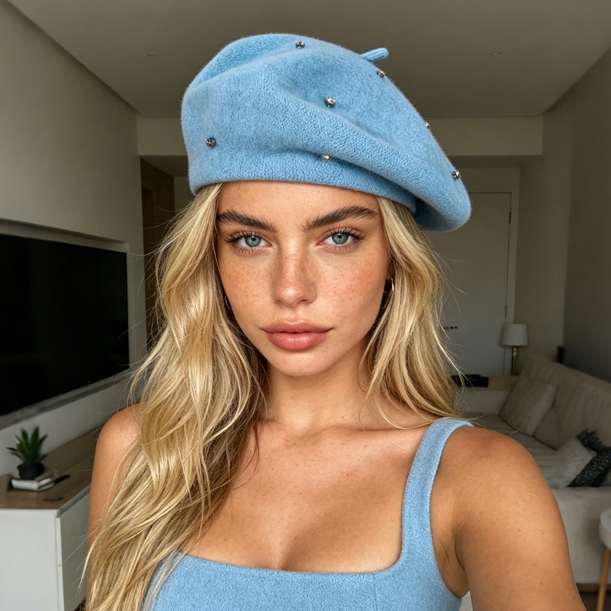 Women's Wool Blend Beret Hat - Blue French Style Painter Cap with Scattered view 3