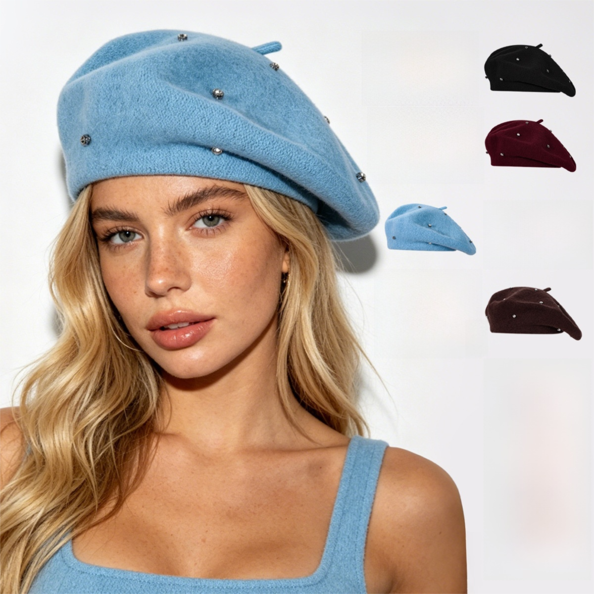 Women's Wool Blend Beret Hat - Blue French Style Painter Cap with Scattered view 4