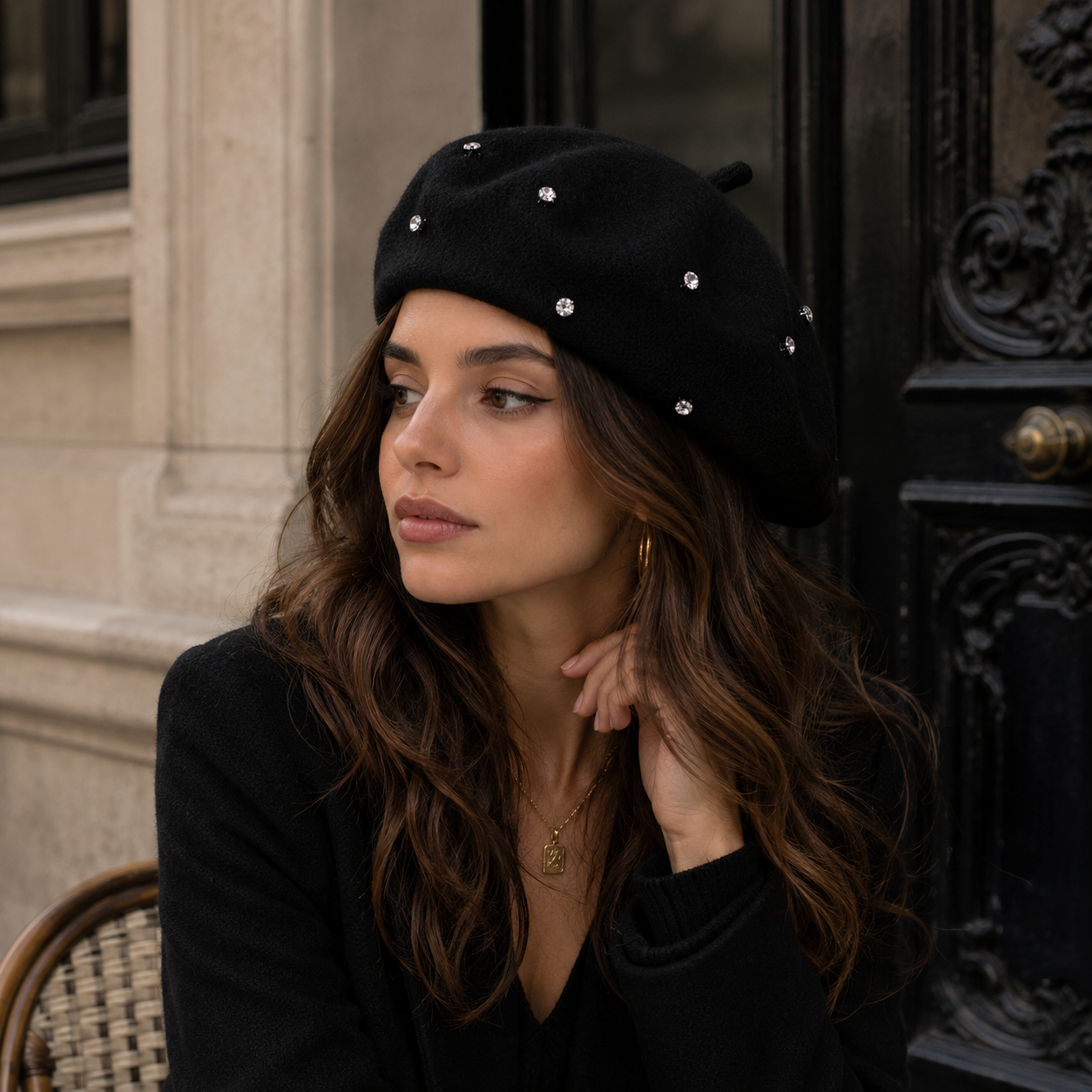 Women's Wool Blend Beret Hat - Black French Style Painter Cap with Scattered view 3