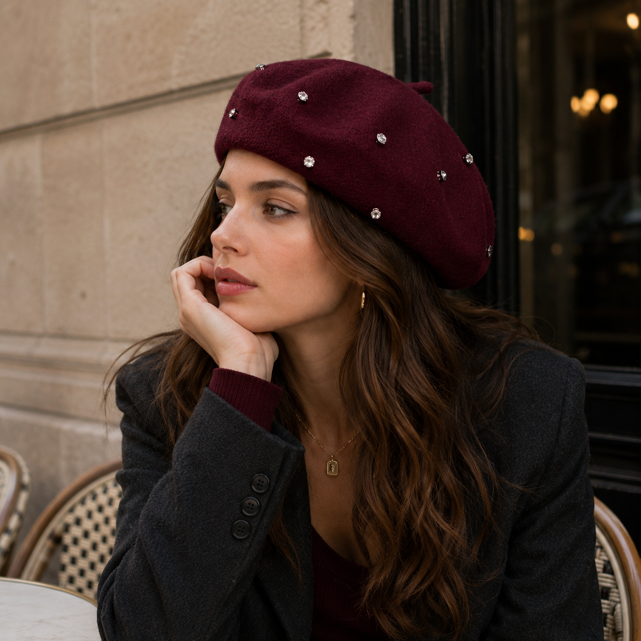 Women's Wool Blend Beret Hat -Burgundy French Style Painter Cap with Scattered view 3