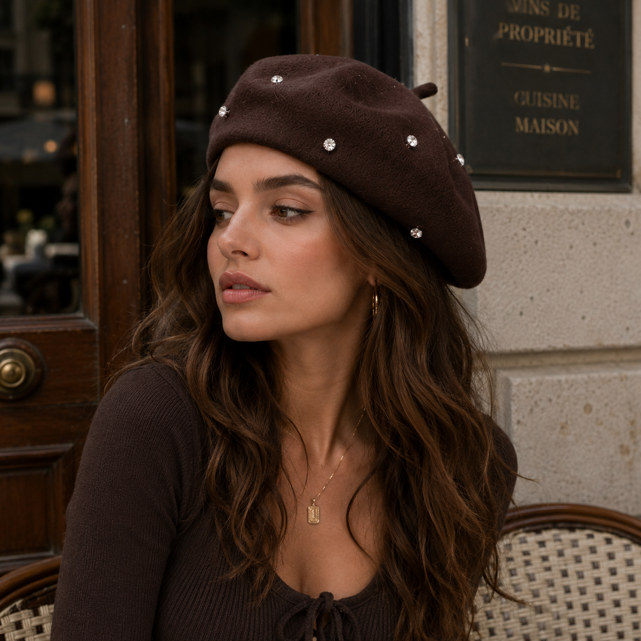 Women's Wool Blend Beret Hat - Brown French Style Painter Cap with Scattered view 3