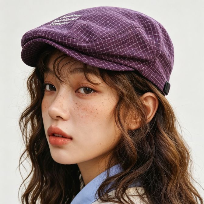 Women's Plaid Flat Cap - Purple Check Newsboy Painter Hat view 2