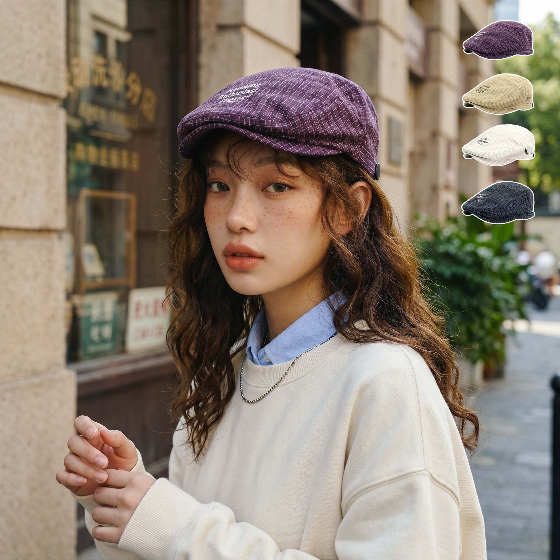 Women's Plaid Flat Cap - Purple Check Newsboy Painter Hat view 3