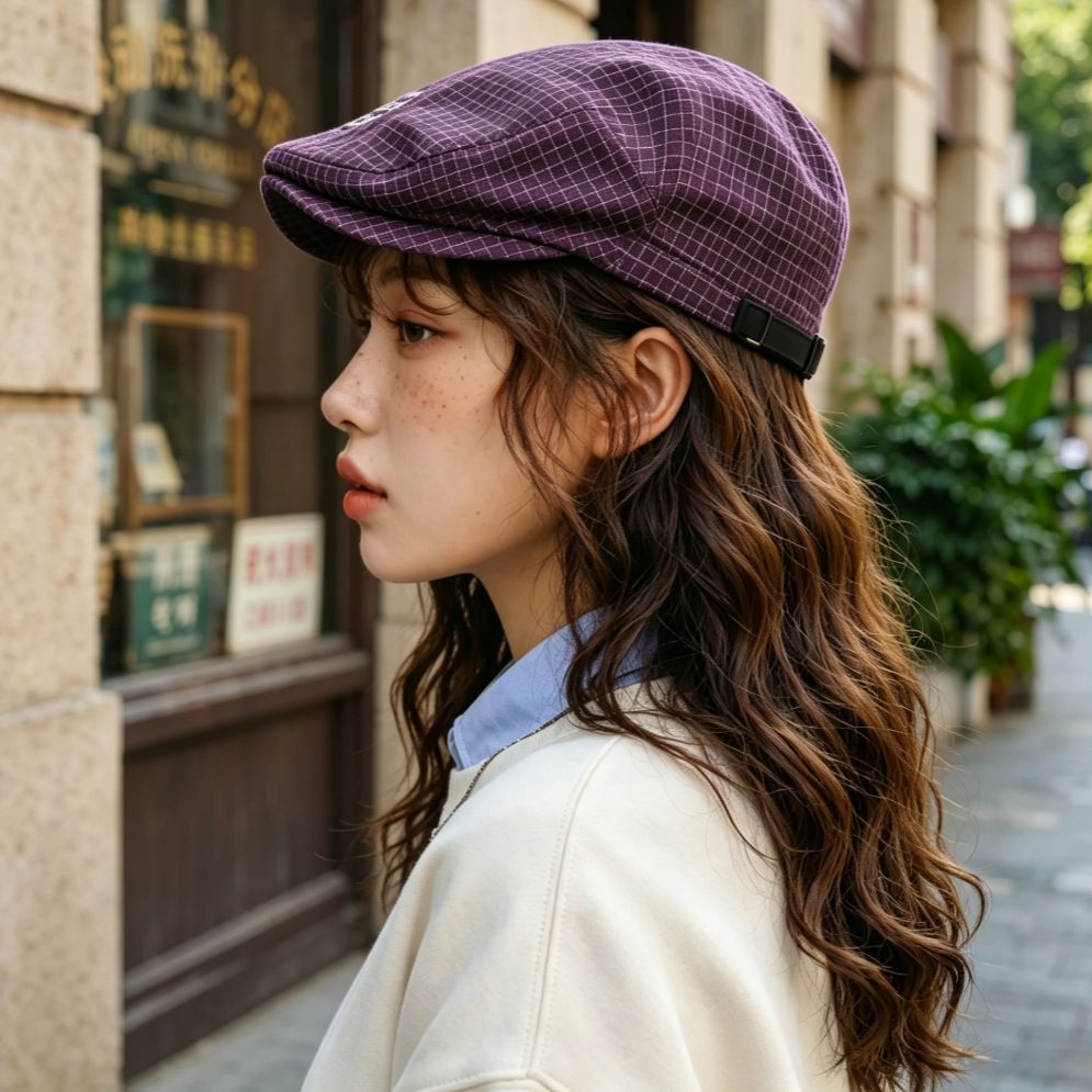 Women's Plaid Flat Cap - Purple Check Newsboy Painter Hat view 4