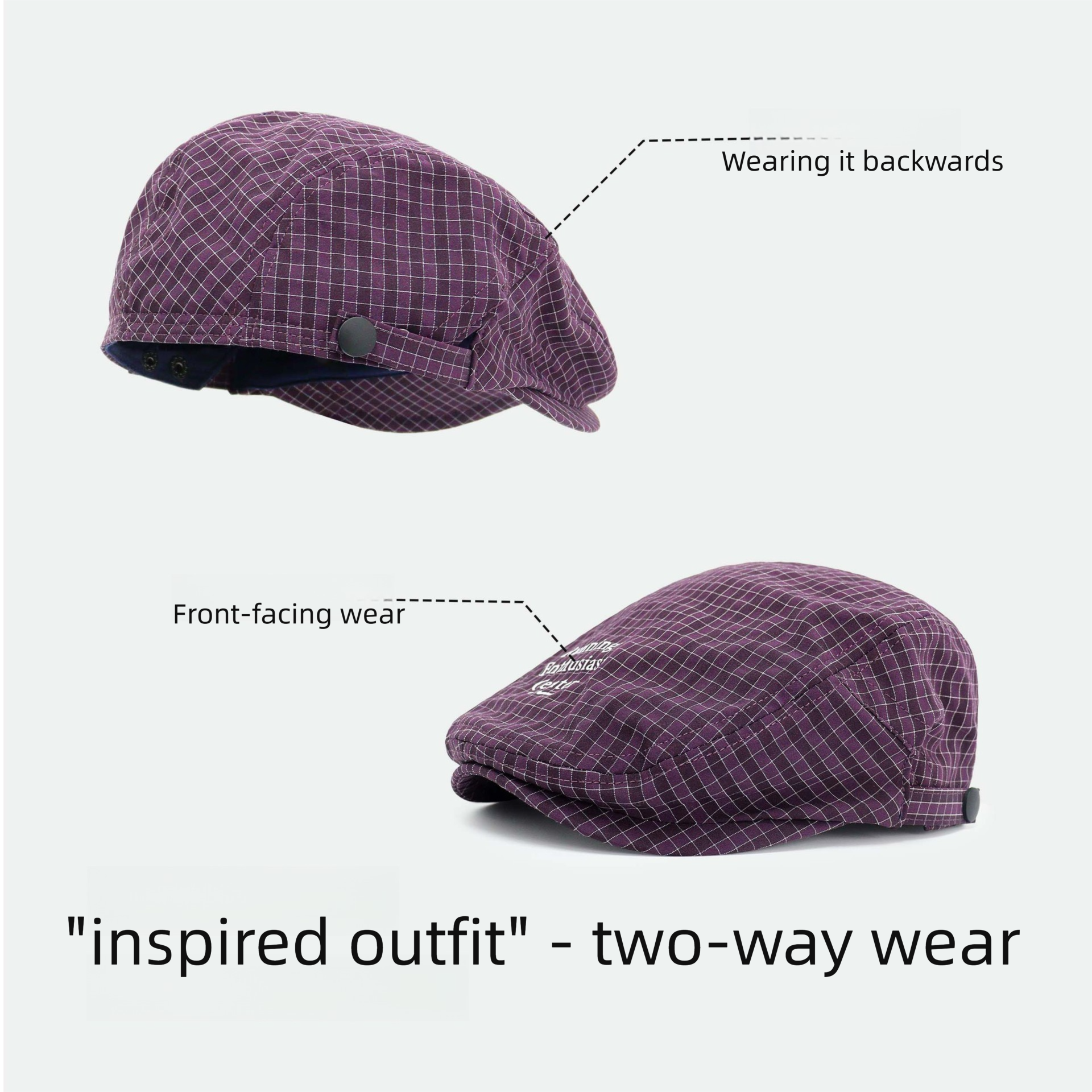 Women's Plaid Flat Cap - Purple Check Newsboy Painter Hat view 5