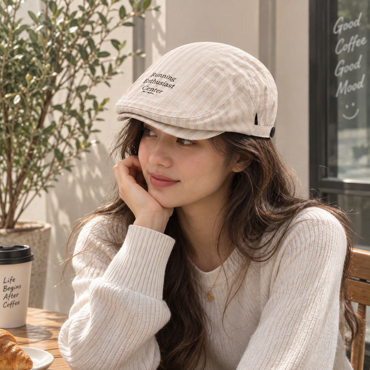 Women's Plaid Flat Cap - Beige Check Newsboy Painter Hat view 3