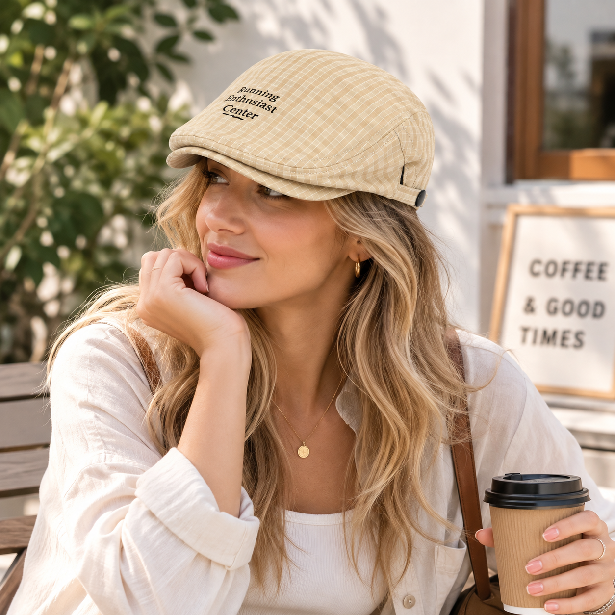 Women's Plaid Flat Cap - Khaki Check Newsboy Painter Hat view 2