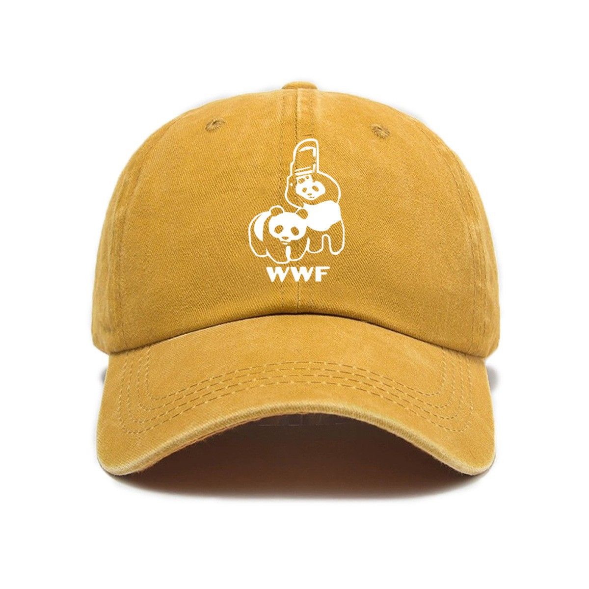 Yellow Vintage Washed Panda Print Baseball Cap - Adjustable Cotton Cap with