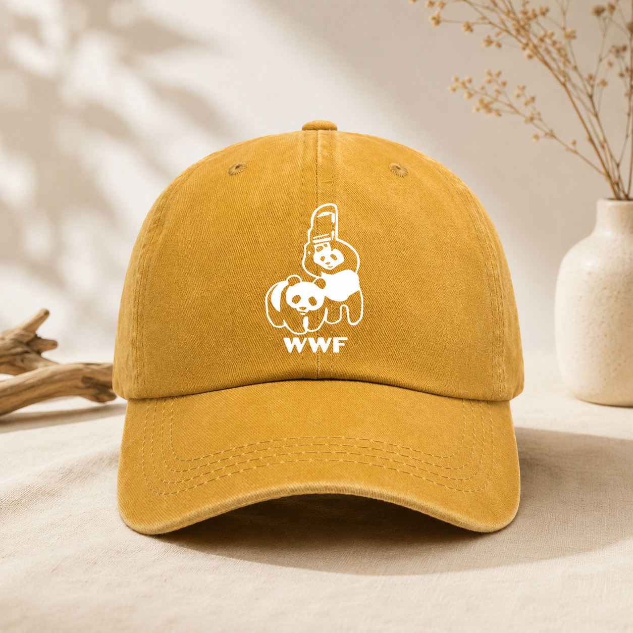 Yellow Vintage Washed Panda Print Baseball Cap - Adjustable Cotton Cap with view 4